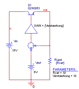 Spannungsstabilisierung,
Regelkreis mit ABM-Blöcken
realisiert. Verstärkung des Regelverstärkers und des Lastwiderstands sind parametrisiert.